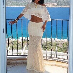 Cream Lace Asymmetrical Neck Crop Top and Maxi Skirt Set